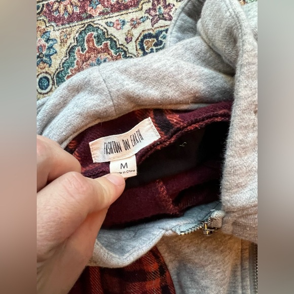 EUC Fashion on Earth maroo orange plaid & grey hoodie layer oversized jacket, M - Picture 3 of 6